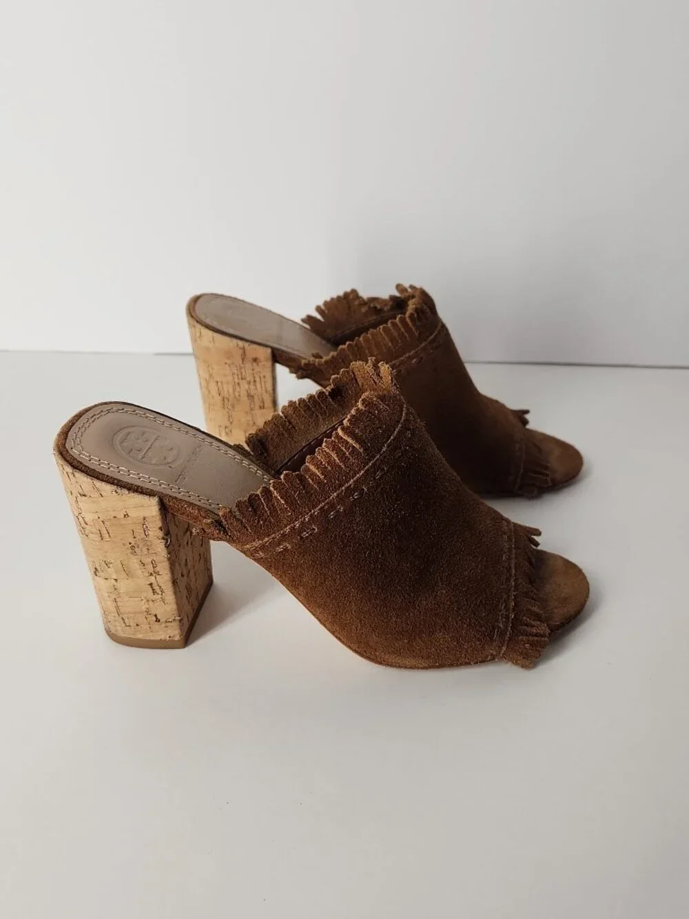 Tory Burch Huntington Festival Brown suede fringe mule sandal heel shoes 5.5 M
